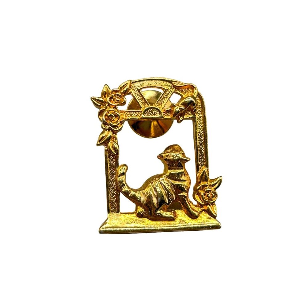 Vintage Avon Tack Pin Cat & Mouse On Window Touch of Whimsy Gold Tone Lapel Pin